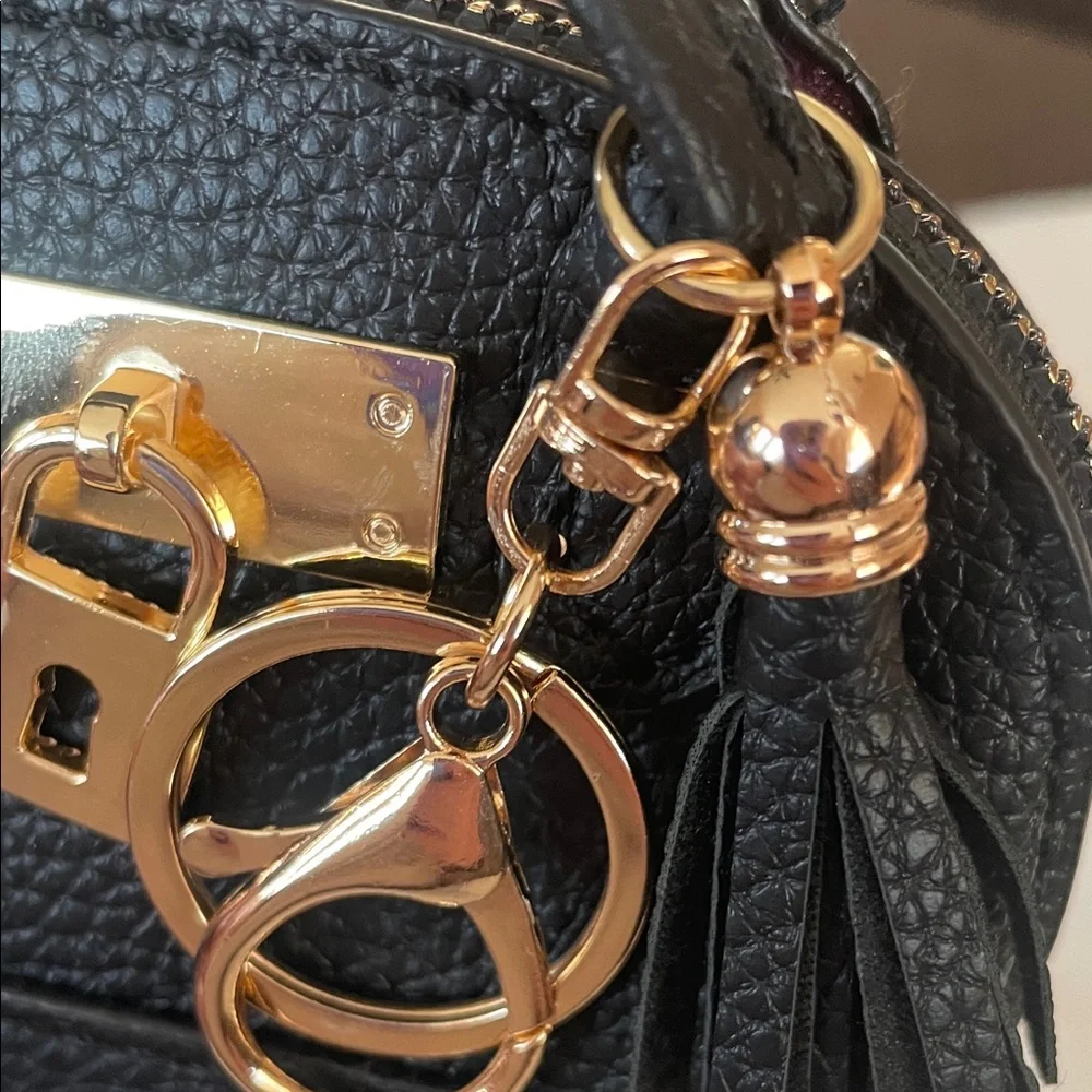 Mini Tote Bag Key Chain and Coin Purse Charm - Black with Gold Tone Accents